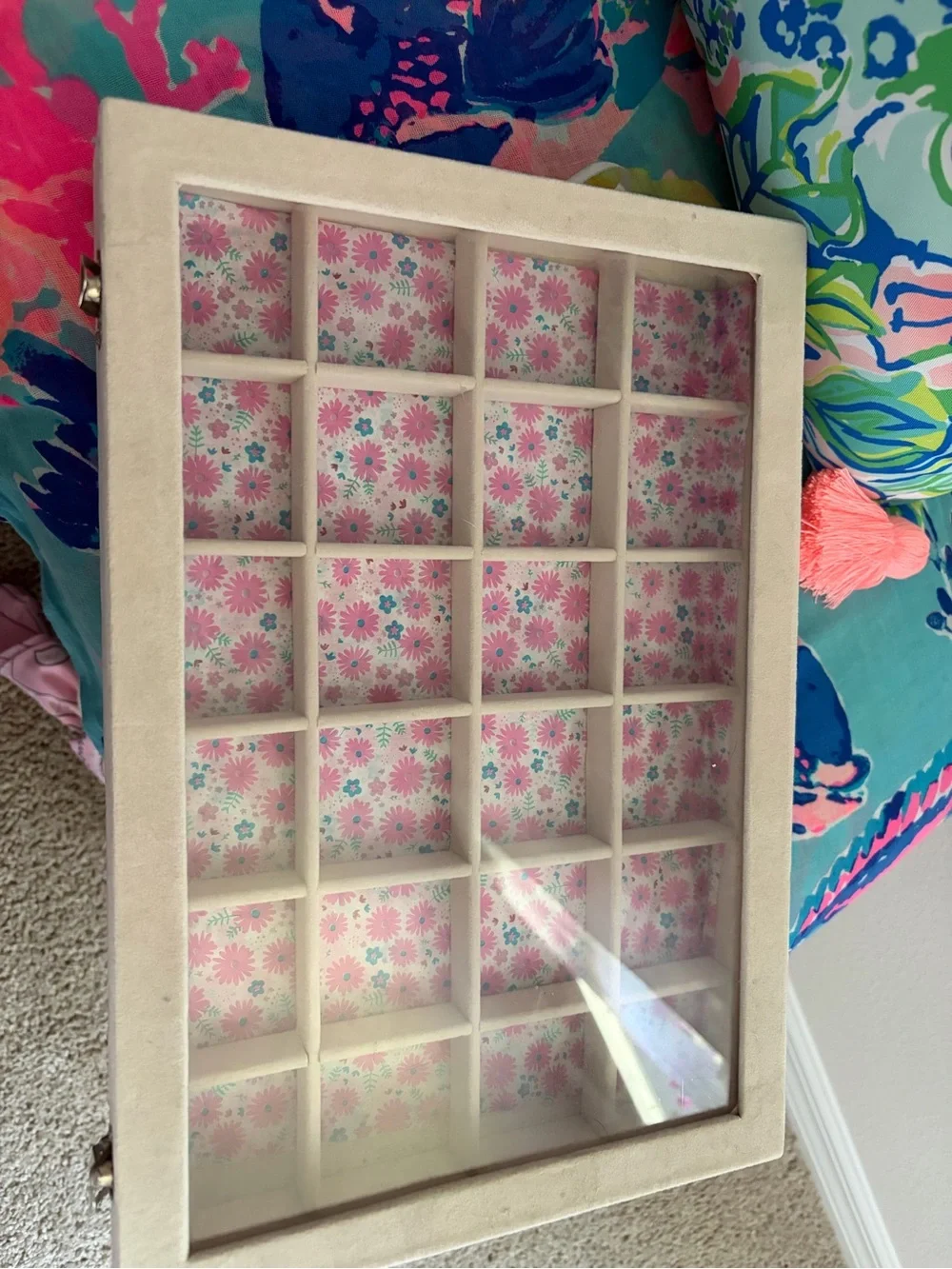 Bone White Velvet 24-Compartment Jewelry Display Case - 14”x9.5”